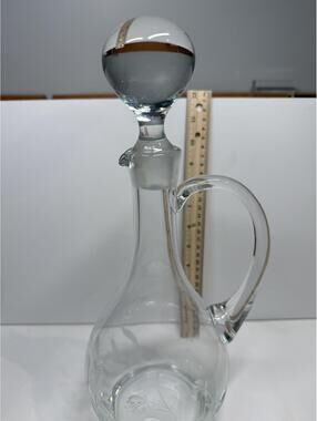 Vintage Etched Glass Decanter Carafe w/ Stopper Gold Band Handle